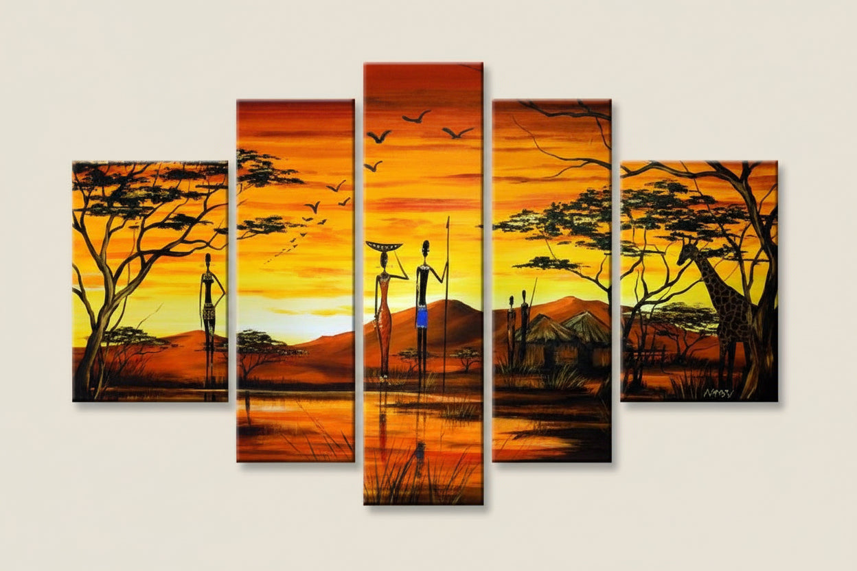 Quadro Dipinto a Mano Olio su Tela  a 5 Pannelli di un Paesaggio Africano N93