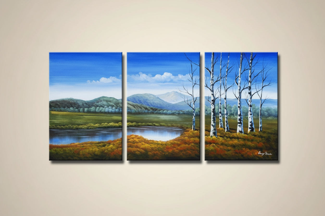 Quadro Dipinto a Mano Olio su Tela Paesaggistico a 3 Pannelli N97