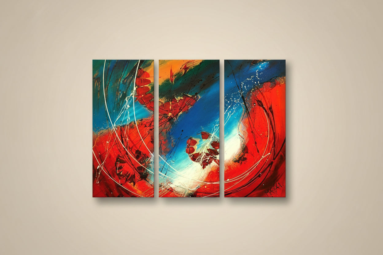 Quadro Moderno Dipinto a Mano su Tela 40x80 (3) Astratto a 3 Pannelli N41