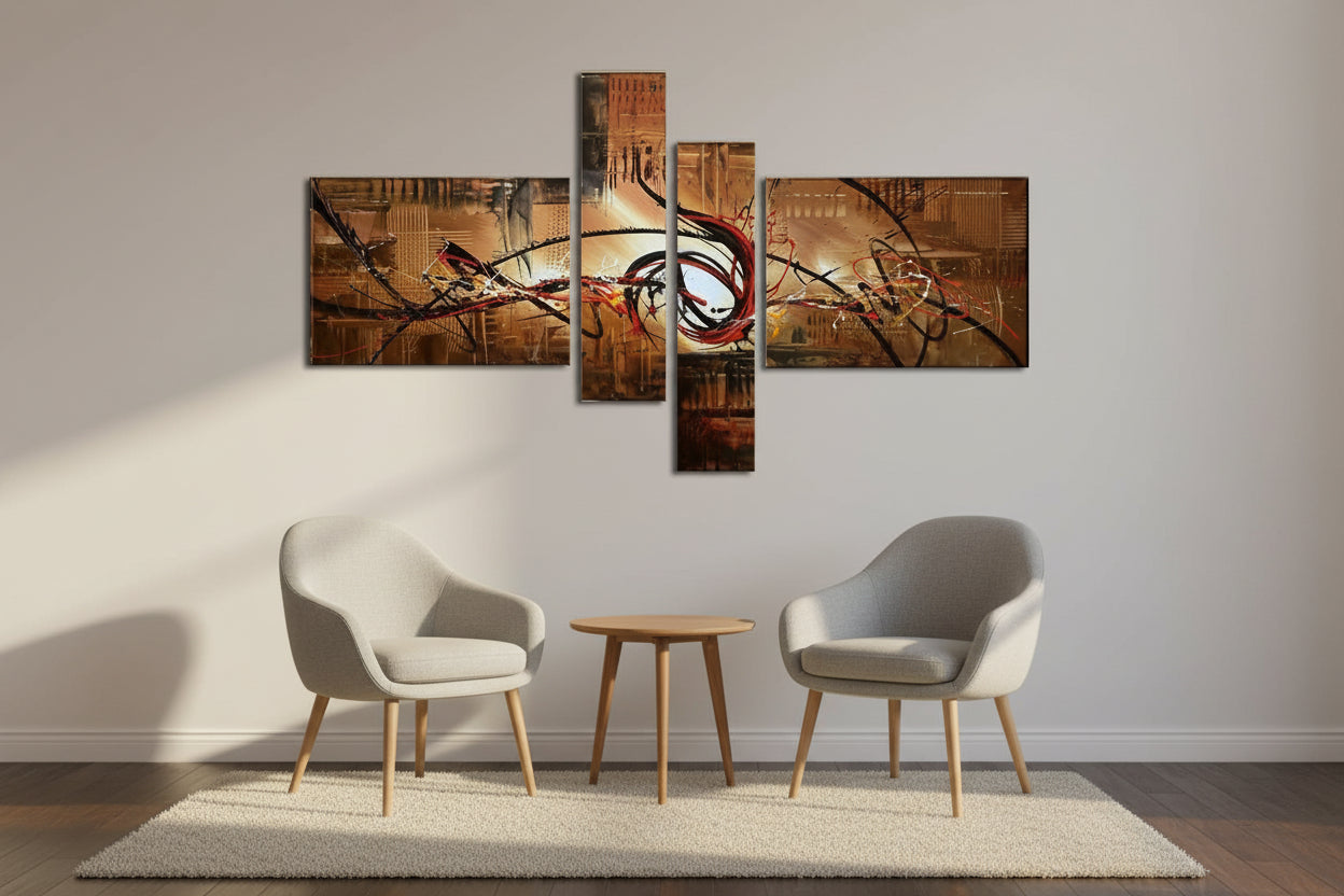 Quadro Moderno Dipinto a Mano su Tela Astratto a 4 Pannelli N38