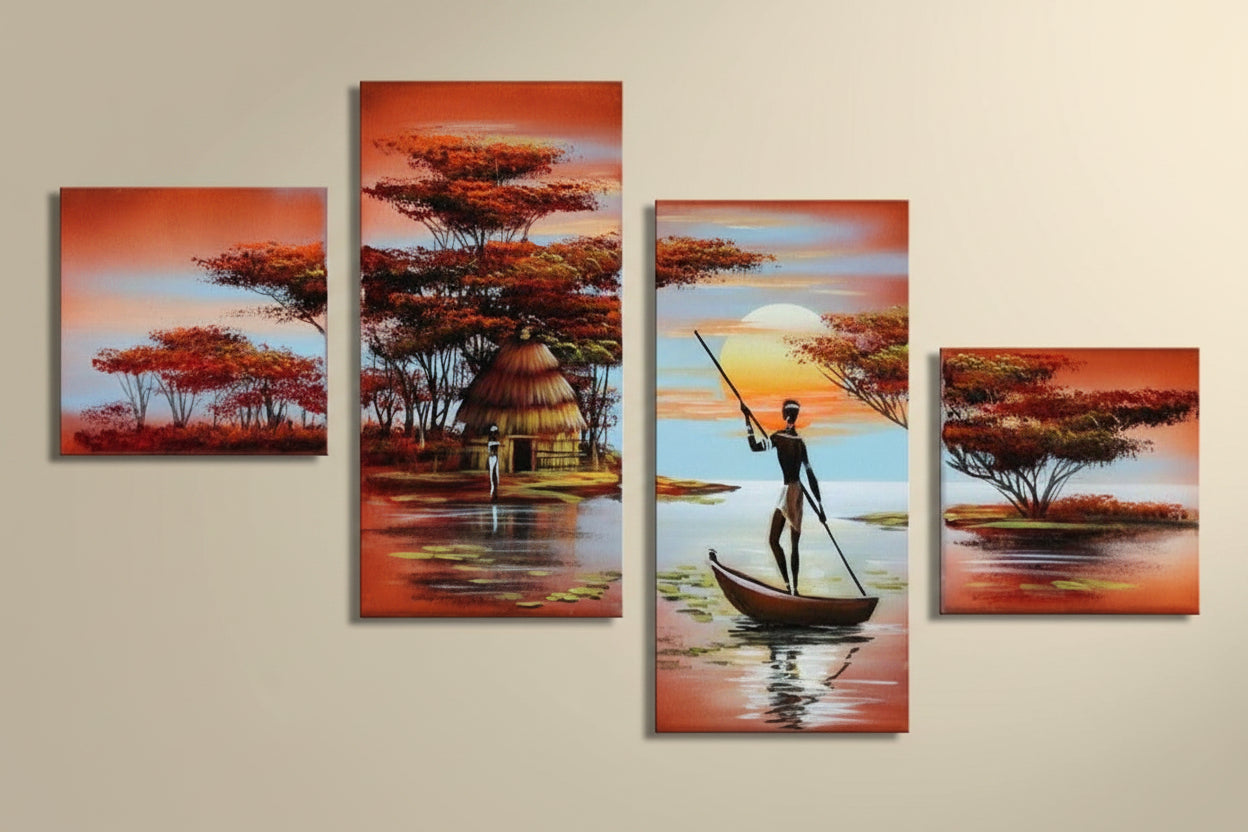 Quadro Moderno Dipinto a Mano su Tela a 4 Pannelli Tramonto Africato N63
