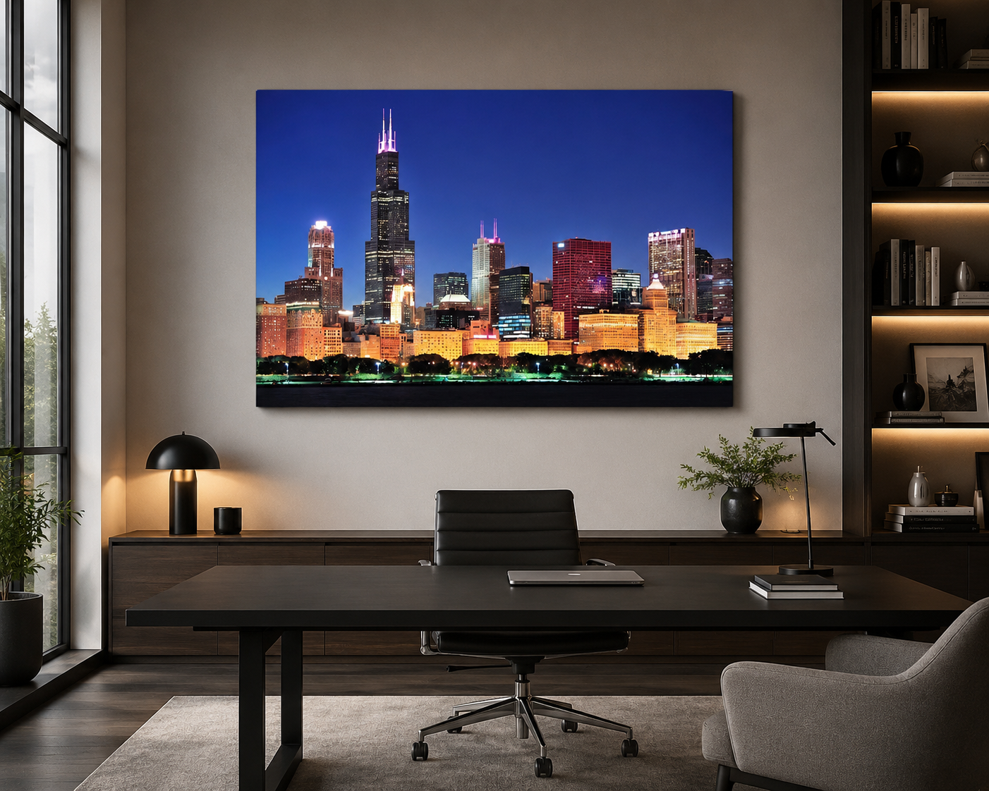 Stampa Quadro Canvas su Tela con luce a LED Chicago Città Urbana N107