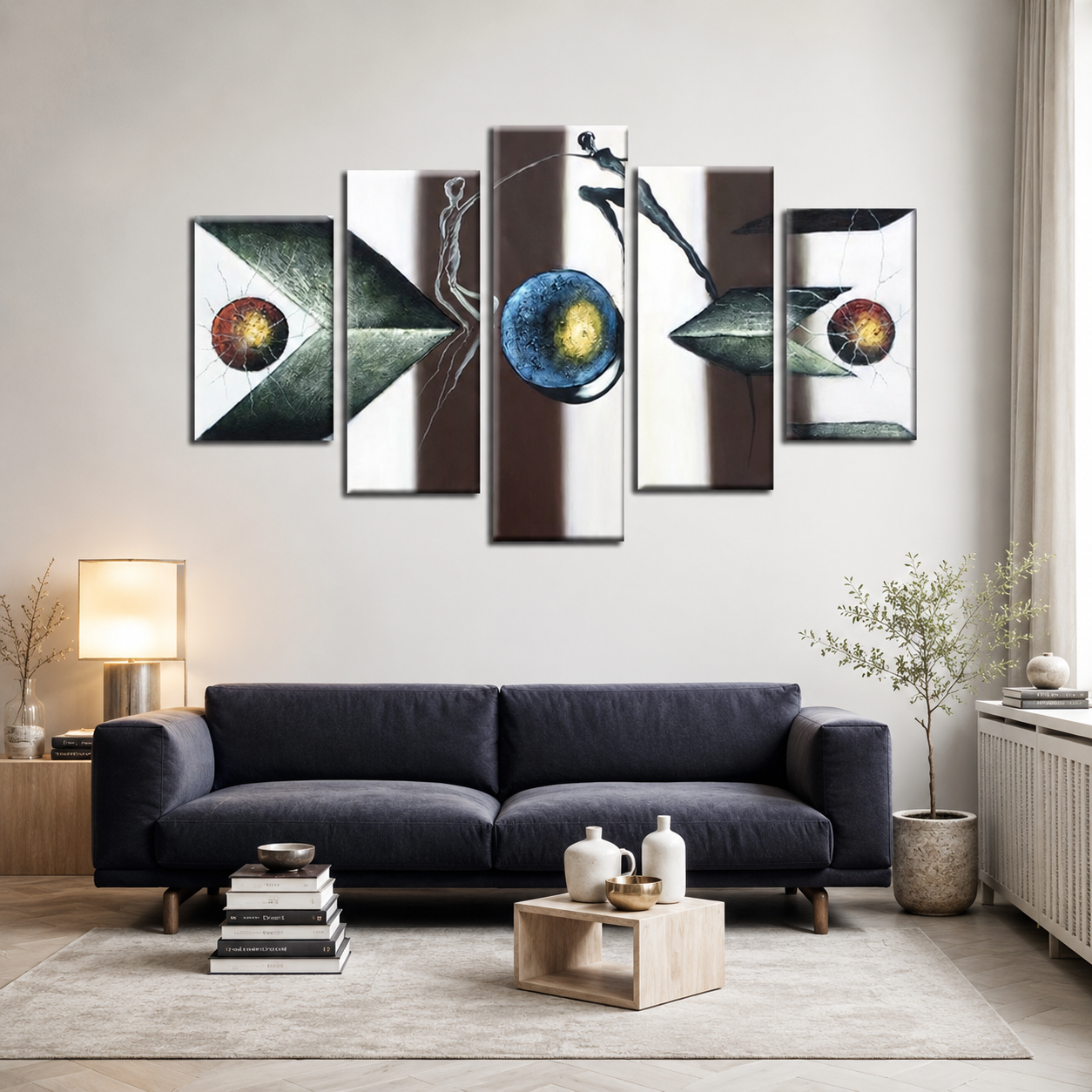 Quadro Moderno Dipinto a Mano Olio su Tela Astratto a 5 Pannelli N27