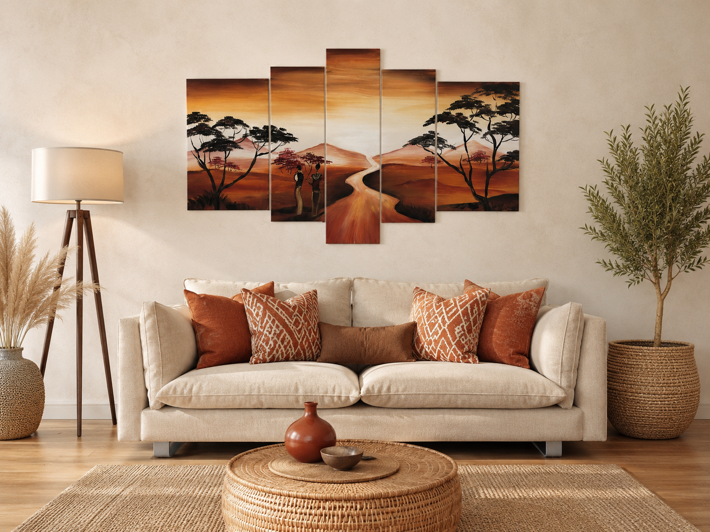 Quadro Moderno Dipinto a Mano su Tela Paesagistico a 5 Pannelli N64
