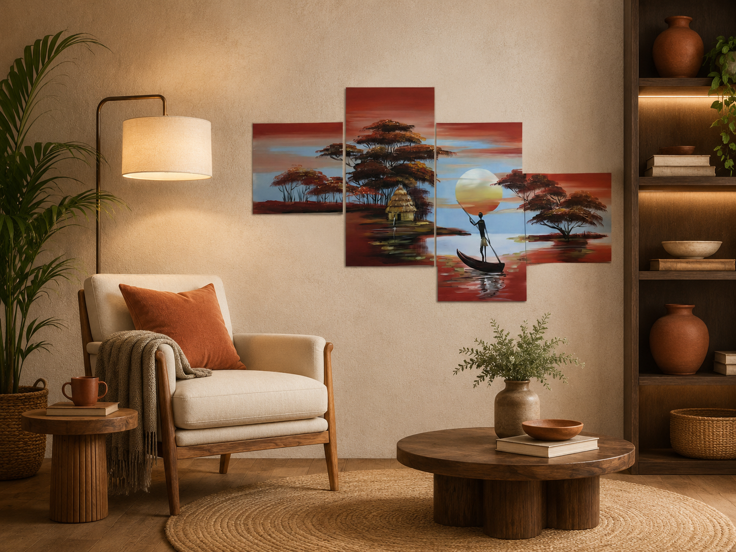 Quadro Moderno Dipinto a Mano su Tela a 4 Pannelli Tramonto Africato N63