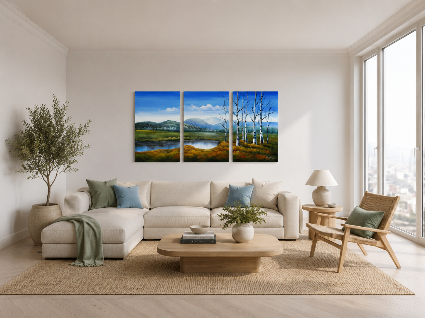 Quadro Dipinto a Mano Olio su Tela Paesaggistico a 3 Pannelli N97