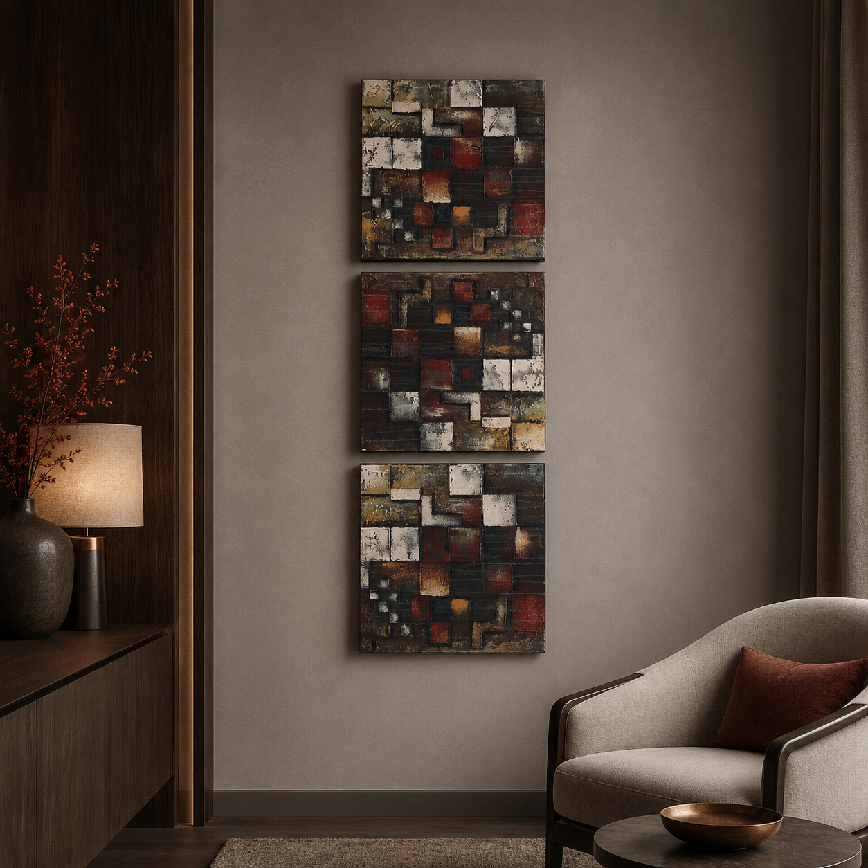 Quadro Dipinto a Mano Olio su Tela Astratto con 3 Pannelli N52