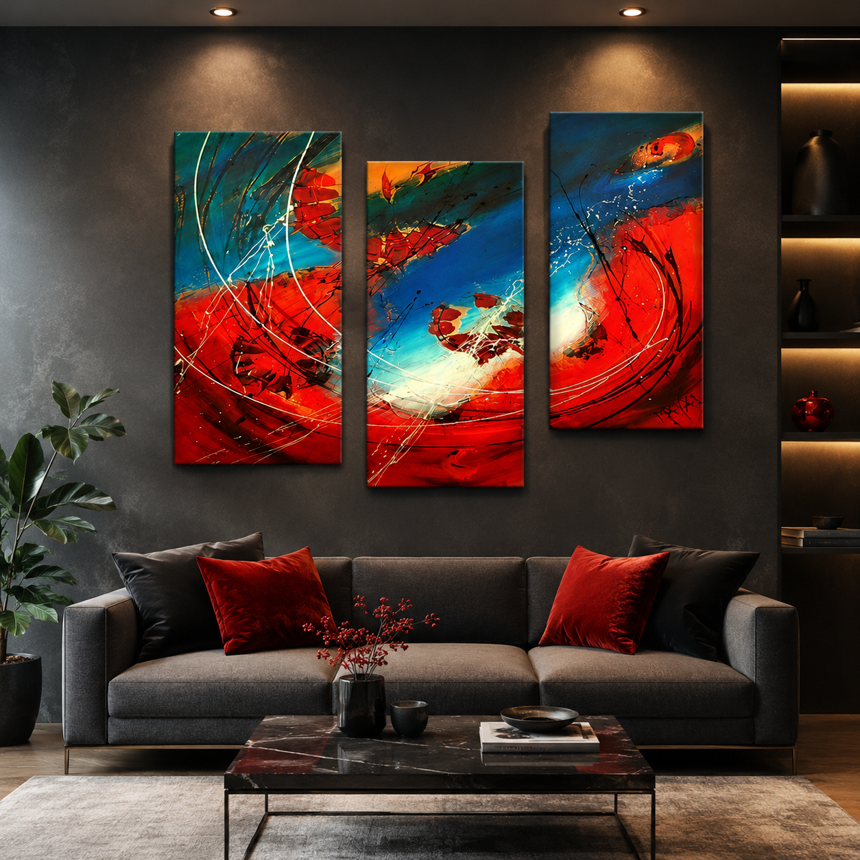 Quadro Moderno Dipinto a Mano su Tela 40x80 (3) Astratto a 3 Pannelli N41