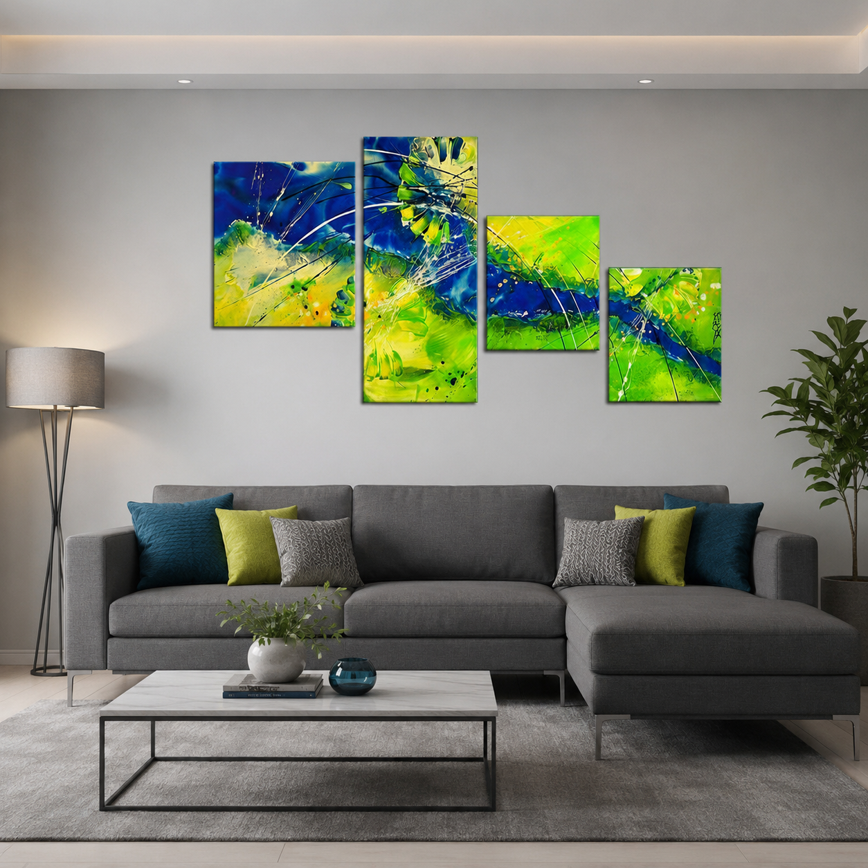 Quadro Moderno Dipinto a Mano su Tela Astratto a 4 Pannelli N33