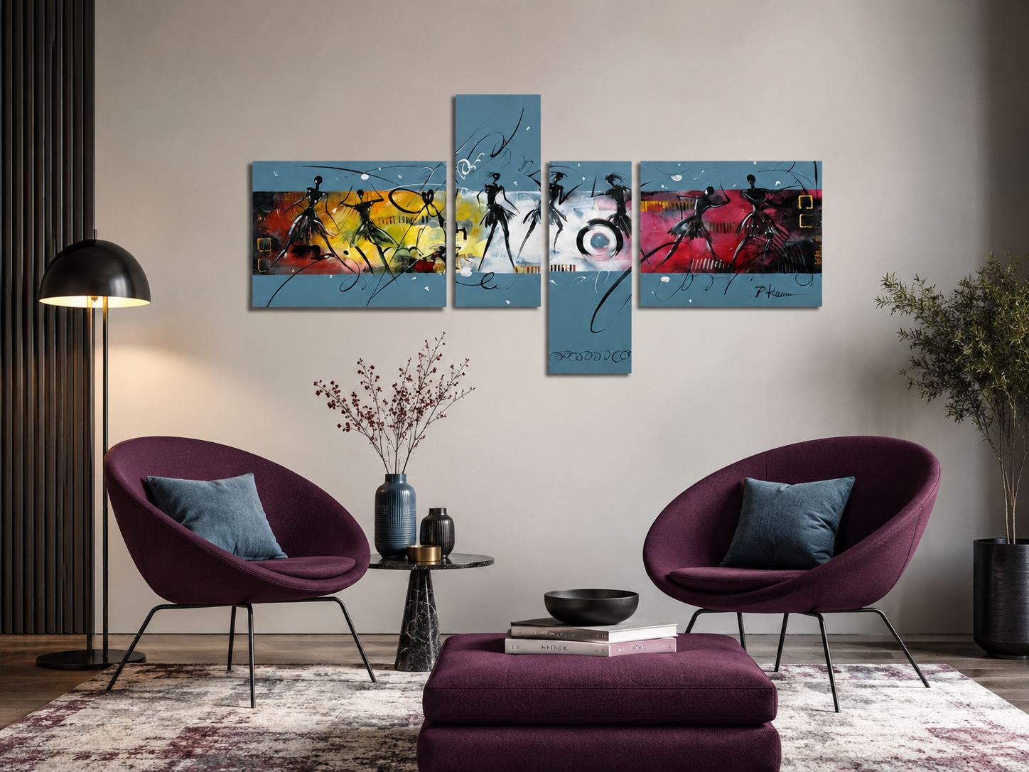 Quadro Moderno Dipinto a Mano Olio su Tela Astratto a 4 Pannelli N32