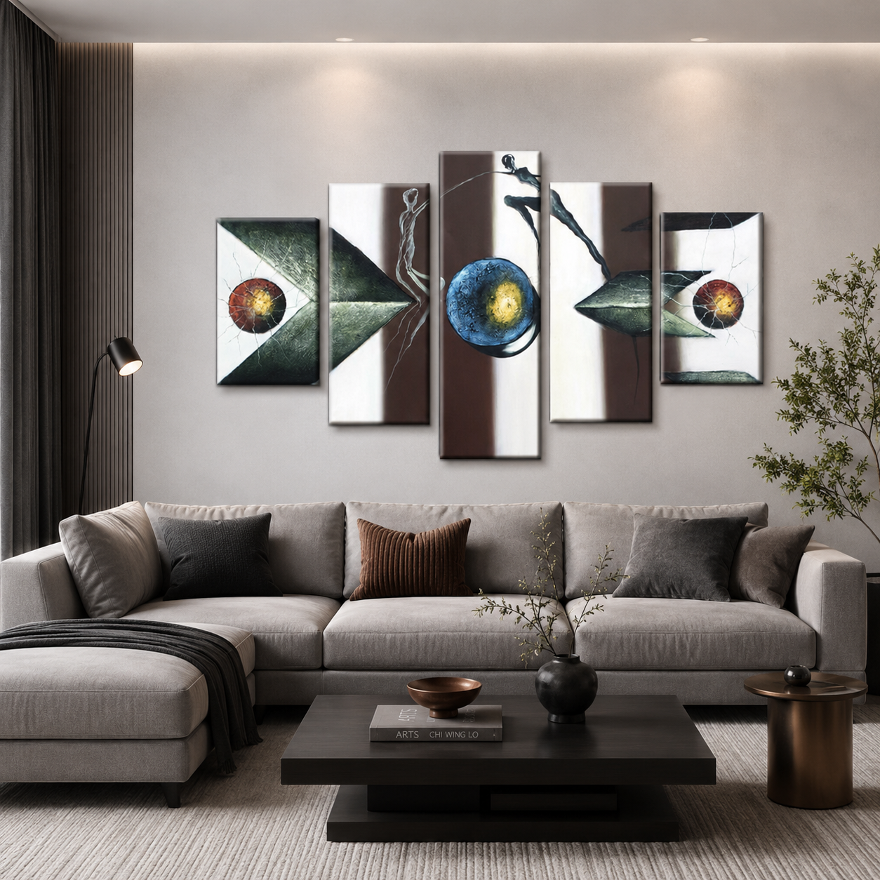 Quadro Moderno Dipinto a Mano Olio su Tela Astratto a 5 Pannelli N26