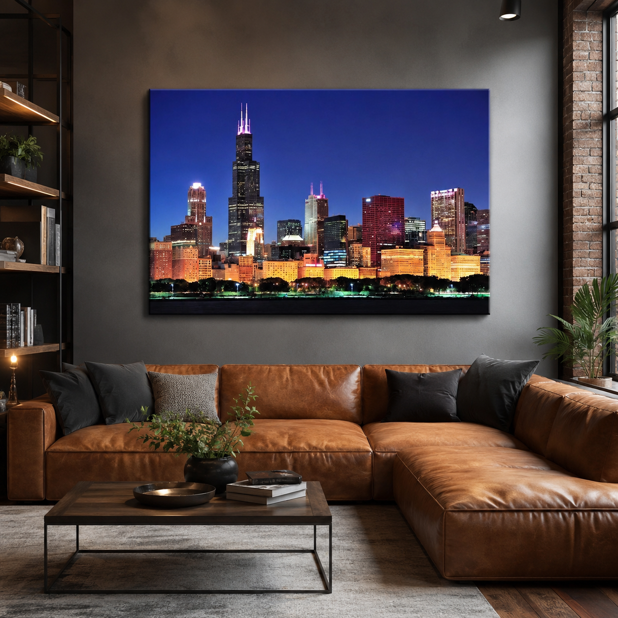 Stampa Quadro Canvas su Tela con luce a LED Chicago Città Urbana N107
