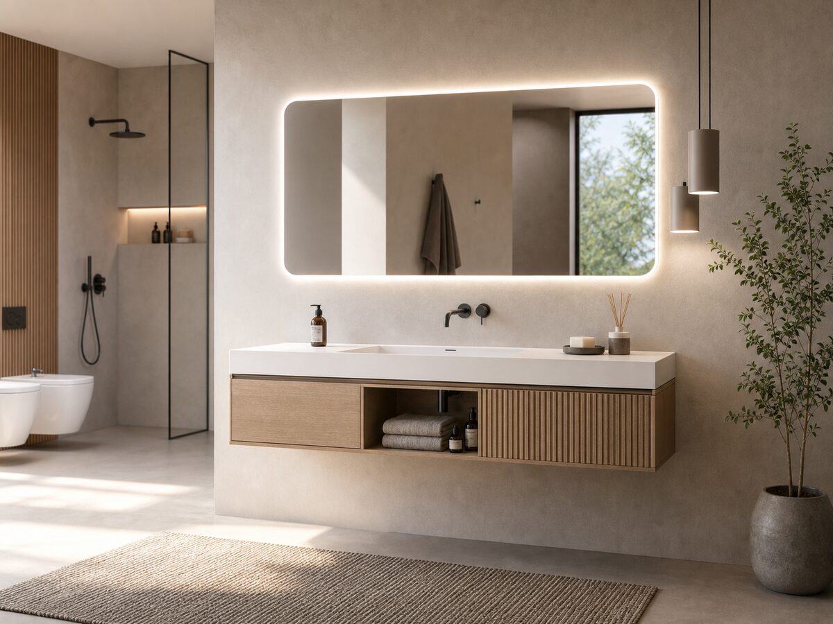 Ambiente bagno moderno con mobile sospeso e specchio LED