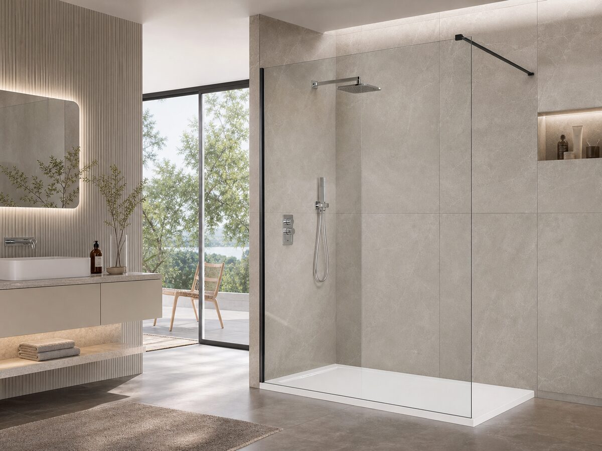 Cabina doccia walk-in con vetro trasparente e profili moderni
