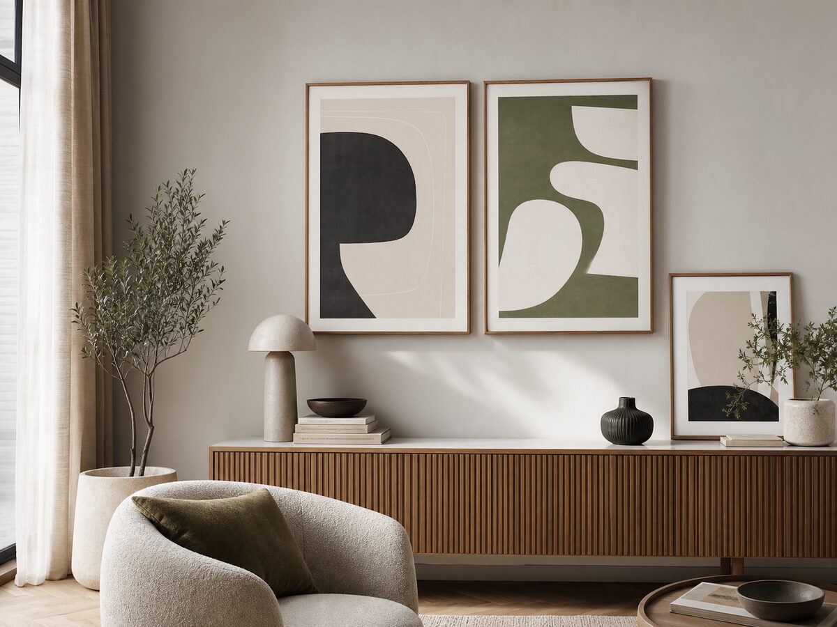 Quadri moderni e stampe decorative in soggiorno elegante