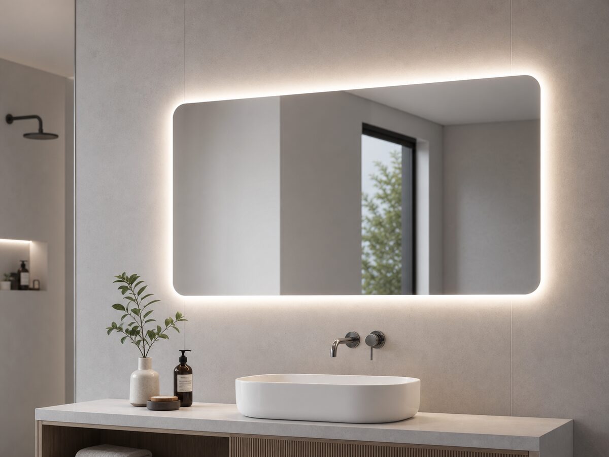 Specchio LED bagno illuminato sopra lavabo moderno