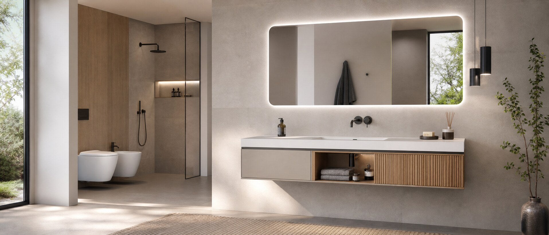 Bagno moderno con mobile sospeso e specchio LED