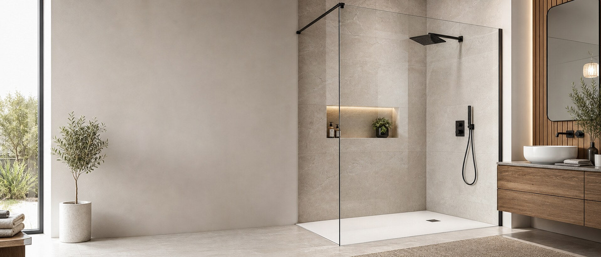 Doccia walk-in moderna con parete in vetro